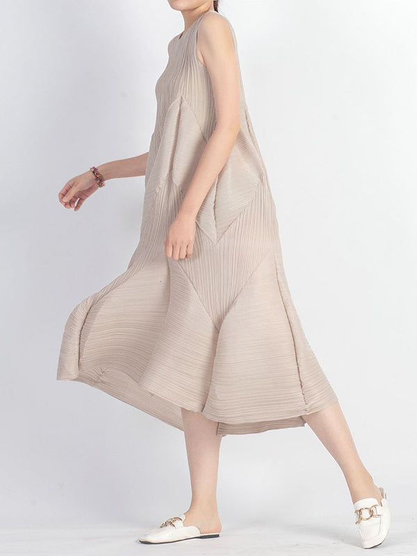 Casual Sleeveless Loose Pleated Solid Color Round-Neck Midi Dresses