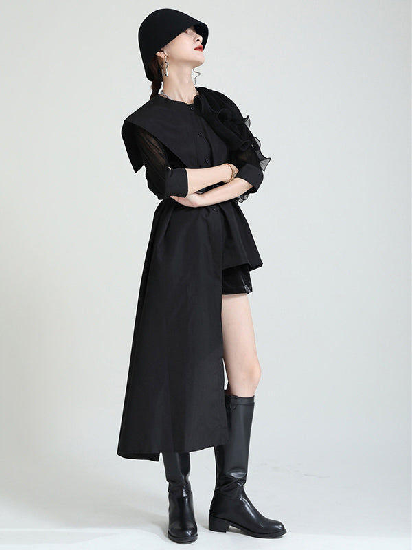 Stylish Irregular 4 Colors Split-Joint Pleated Mesh Falbala Buttoned Lapel Collar Bishop Sleeves Blouse