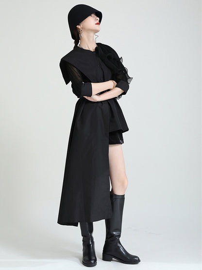 Stylish Irregular 4 Colors Split-Joint Pleated Mesh Falbala Buttoned Lapel Collar Bishop Sleeves Blouse