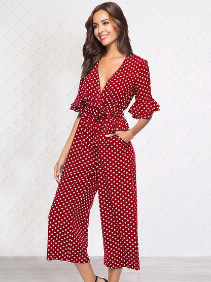 Printed Belted V-neck Half Sleeves Jumpsuit