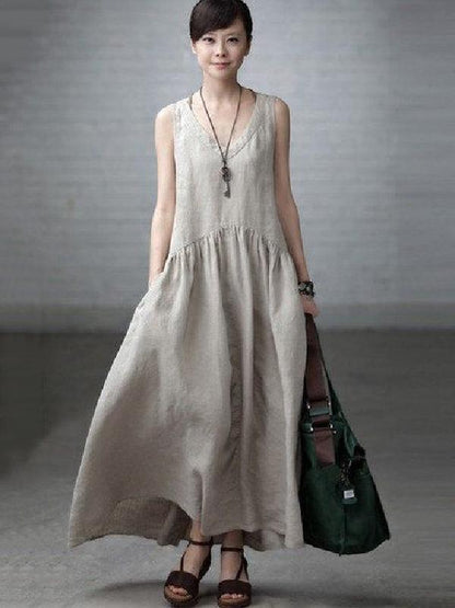 Beige Linen V-neck Sleeveless Ruffled Long Dress