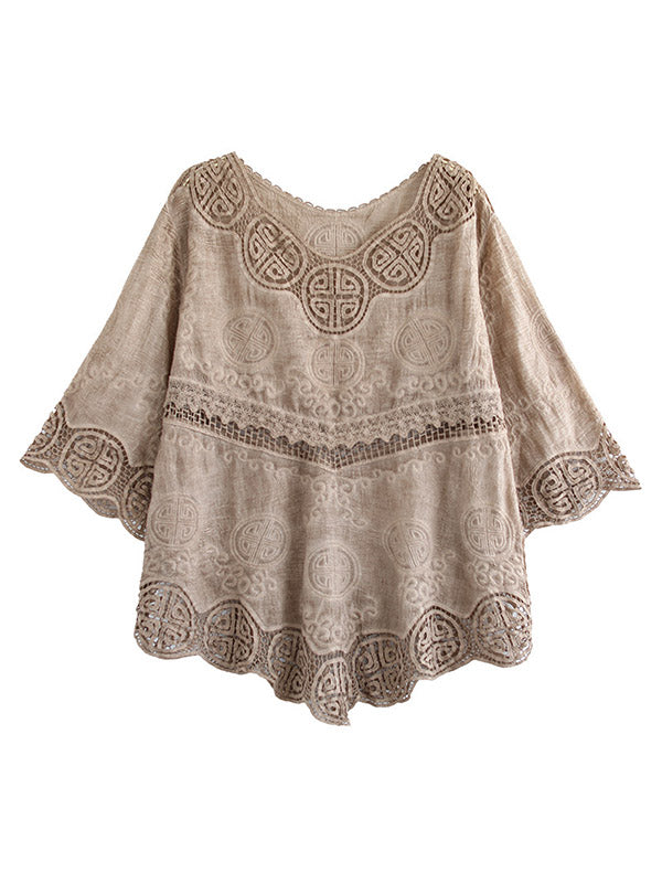 Cotton Blend Embroidered  Hollow V-Neck T-Shirts Tops