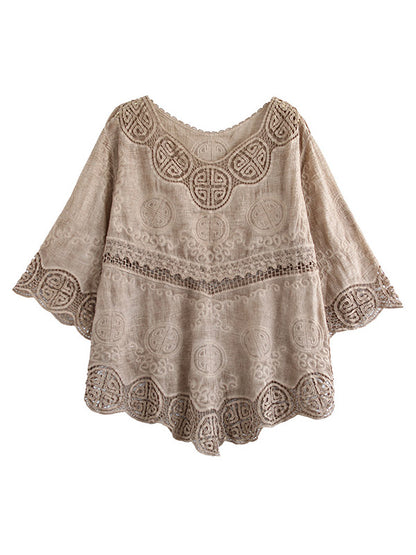 Cotton Blend Embroidered  Hollow V-Neck T-Shirts Tops