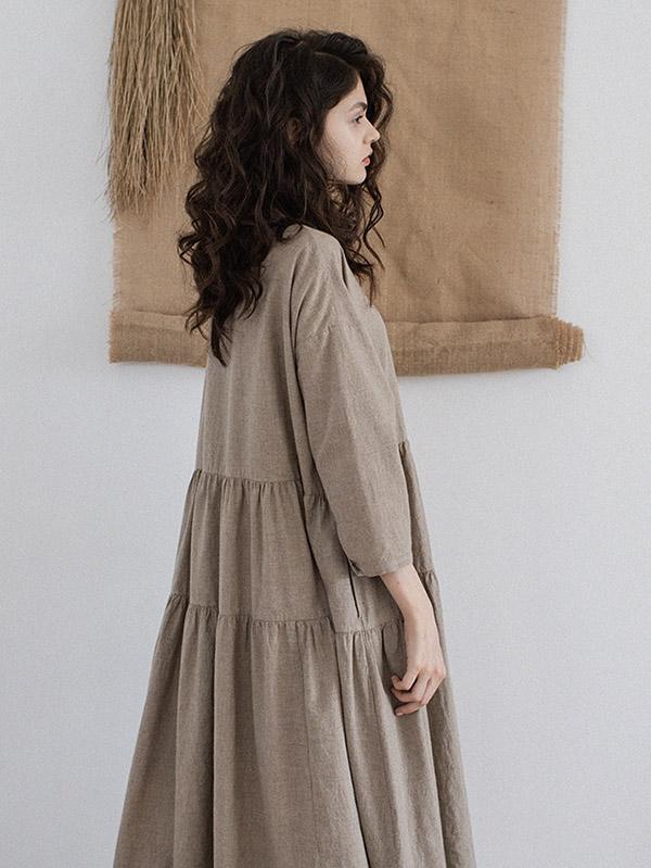 Vintage Split-joint Ruffled Lapel Long Linen Dress