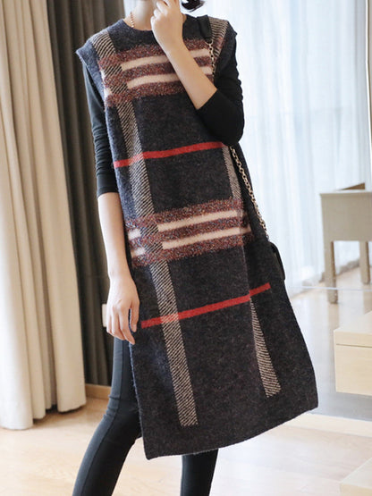 Artistic Retro Striped Split-Side Round-Neck Sleeveless Knitted Vest