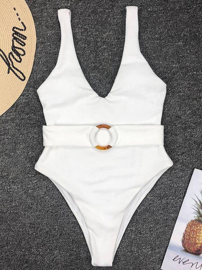 Plain Belted One-piece Swimsuit