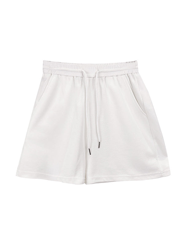 Casual Drawstring Elasticity Waist Solid Wide-Leg Shorts