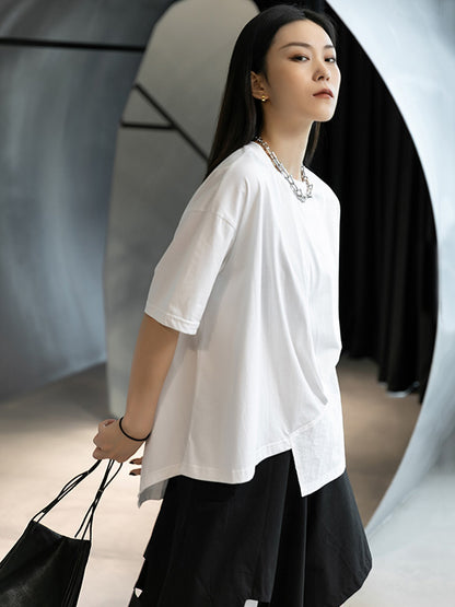 Stylish White Round-Neck Asymmetric Split-Joint T-Shirt