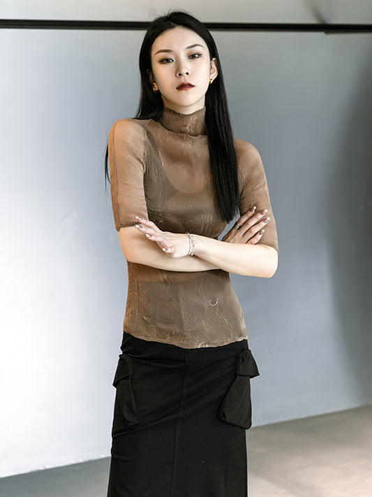 Original Solid Color High-Neck Long Sleeve See-Through T-Shirts Tops