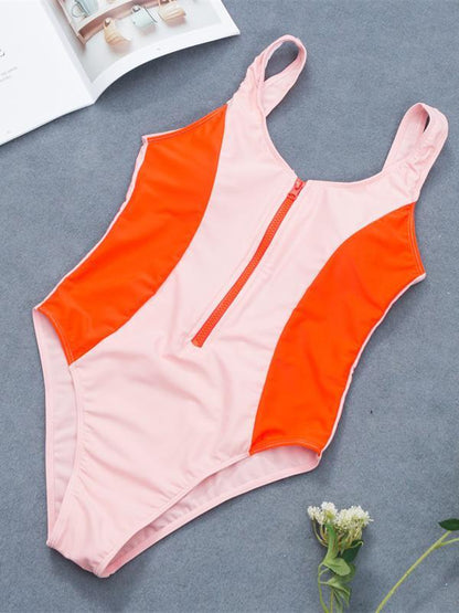 Color-block Zipper One-piece Swimwear