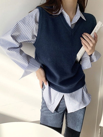 Simple Striped Buttoned Lapel High-Low Long Sleeves Blouse Tops
