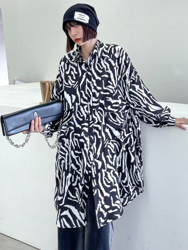 Stylish Printed Buttoned Batwing Sleeve Lapel Blouse Tops