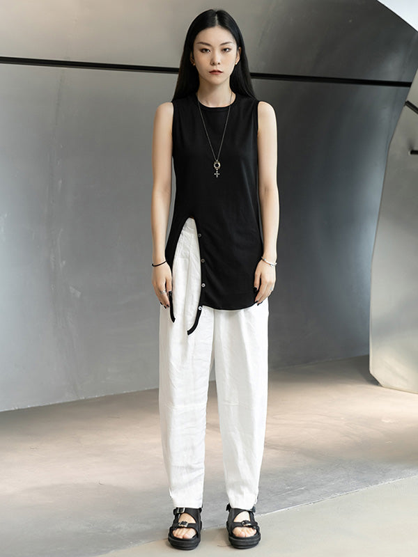 Simple Black&White Split-Side Sleeveless Round-Neck Vest
