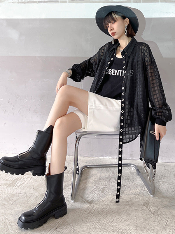 Stylish See-Through Buttoned High-Low Lapel Outerwear