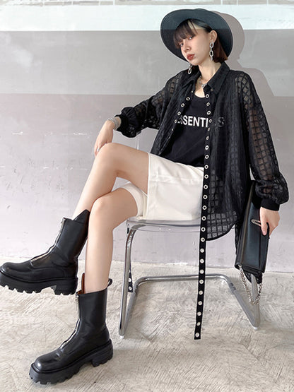Stylish See-Through Buttoned High-Low Lapel Outerwear