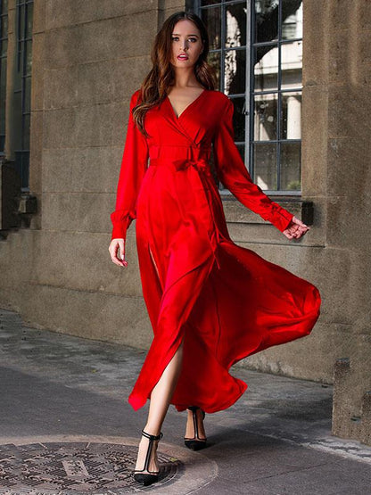 V-neck Long Sleeves Solid Color Belted Maxi Evening Dress