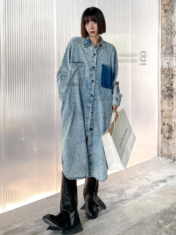 Simple Cool Raw Denim Split-Side Split-Joint With Pocket Buttoned Lapel Collar Long Sleeves Midi Shirt Dress