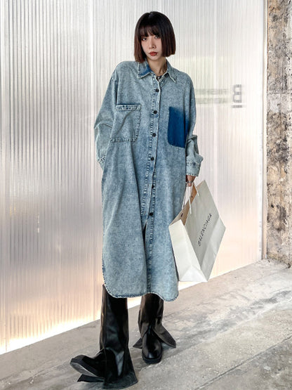 Simple Cool Raw Denim Split-Side Split-Joint With Pocket Buttoned Lapel Collar Long Sleeves Midi Shirt Dress