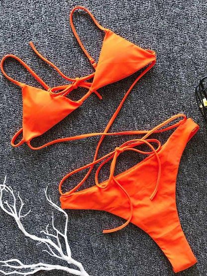 Triangle Top Neon Lace Up Bikini Set