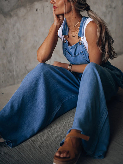 Casual Denim Blue Wide Leg Overalls