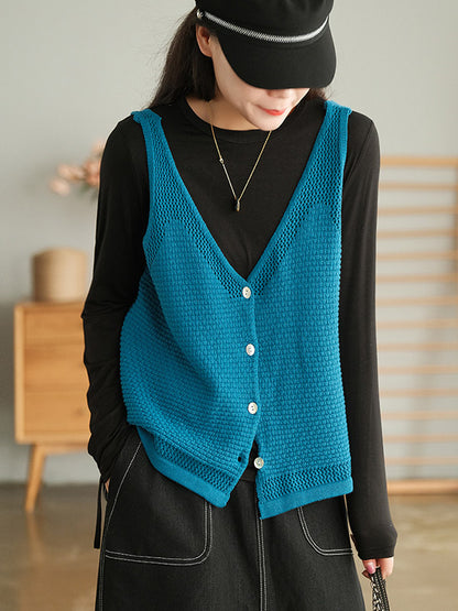 Simple Solid Color Buttoned V-Neck Hollow Vest Tops