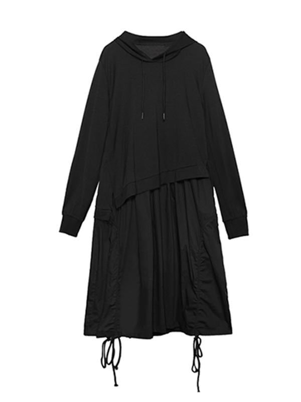 Retro False Two Split-joint Drawstring Sweatshirt Dress