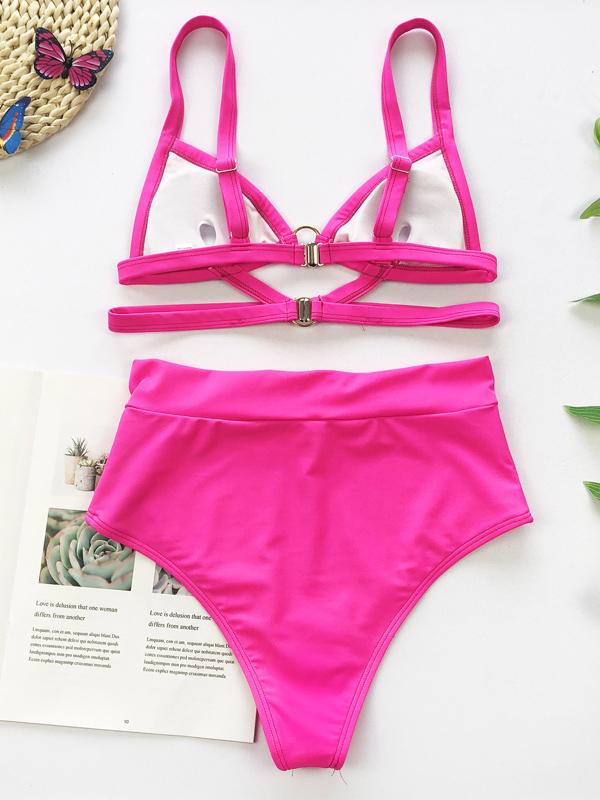 Solid Color Bandage Backless Split Bikini Swimsuit