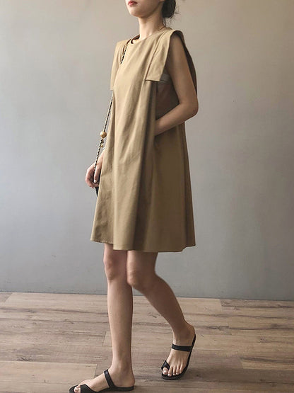 Casual Split-Joint Solid Color Round-Neck Sleeveless Mini Dress