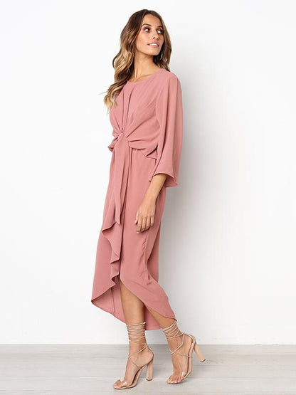 Solid Color Bandage Fabala Long Sleeves Midi Dress