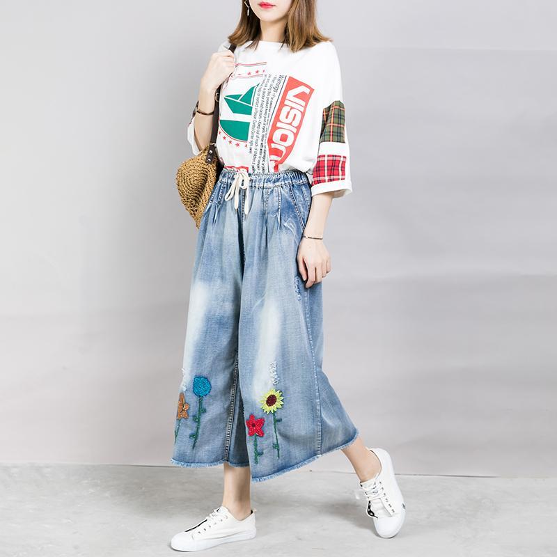 Casual Embroidered Flowers Wide Leg Jeans