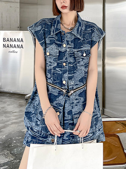 Stylish Buttoned Lapel Zipper Sleeveless Denim Two Pieces Set