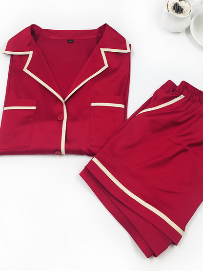Casual Ice Silk Solid Color Notched Collar Short Sleeves Shirts& Shorts Pajama