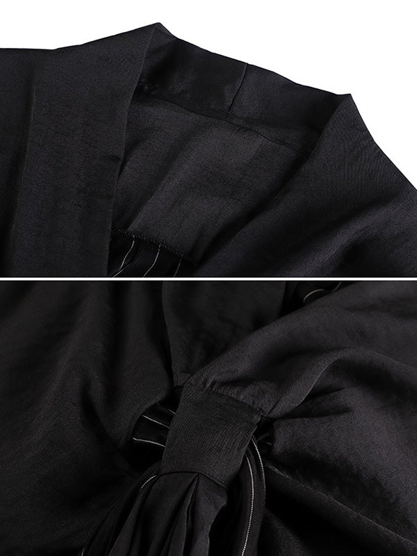Casual Loose Solid Color Pleated Tied V-Neck Short Sleeves Midi Dress