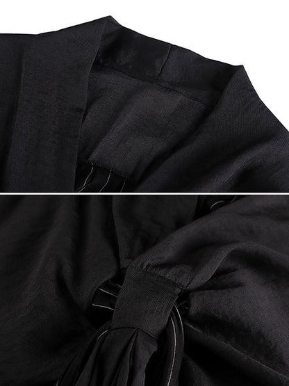 Casual Loose Solid Color Pleated Tied V-Neck Short Sleeves Midi Dress