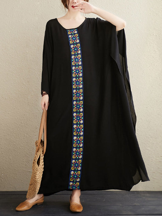 National Loose Embroidered Round-Neck Batwing Sleeves Midi Dress