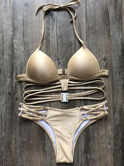 Solid Color Bandage Bikini Swimsuit