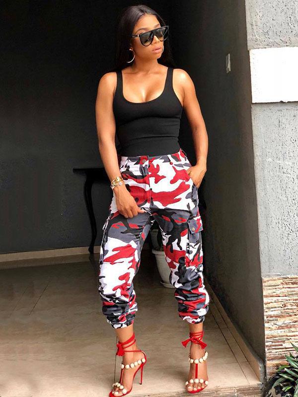 Plus Size Red Grey Camouflage Printed Track Pants