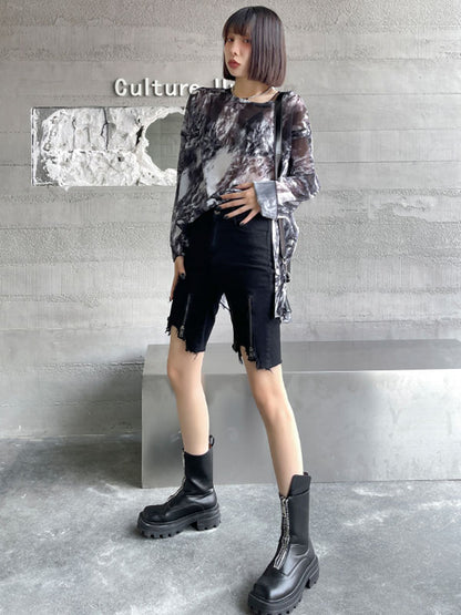 Hip-Hop Stylish Black Irregular Clipping Fringed Zipper Wrap Denim Shorts