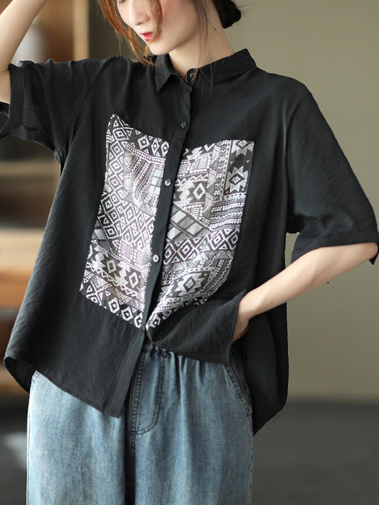 Original Ethnic Printed Lapel Shirt Blouse Tops