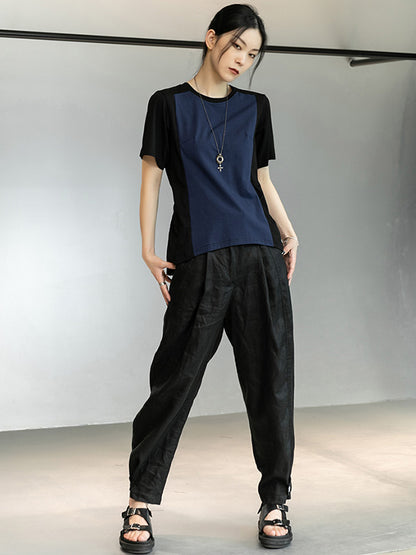 Stylish Split-Joint Black&Blue Back-Pleats Short Sleeves T-Shirt