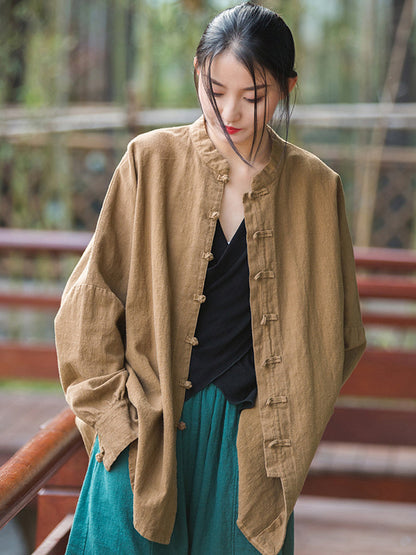 Original Artistic Retro Loose Solid Color Ramie Cotton Blouse Outwear