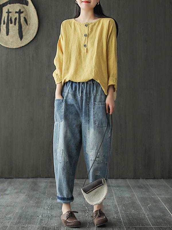 Artistic Retro Solid Shirt Blouse Tops