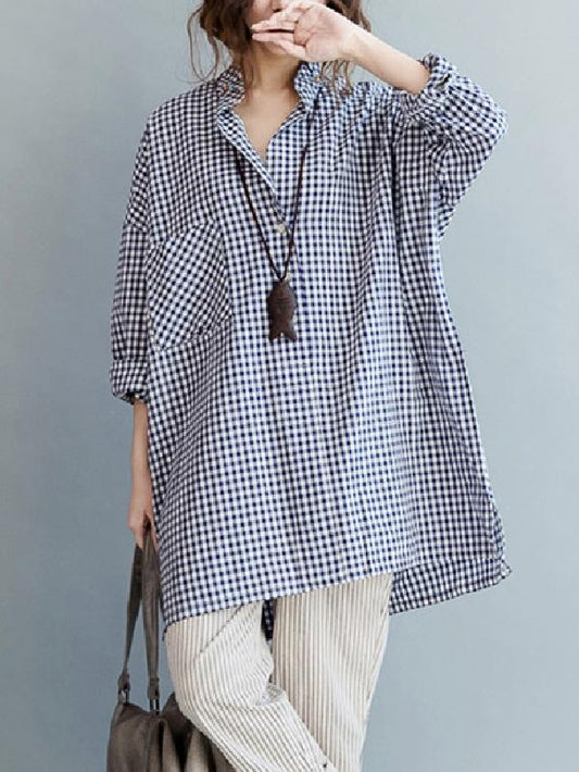 Casual Plaid Lapel Beaded Shirt
