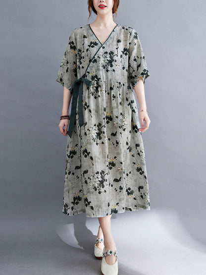 Artistic Retro Loose Tied Floral Printed Pleated V-Neck Short Sleeves Midi Dress