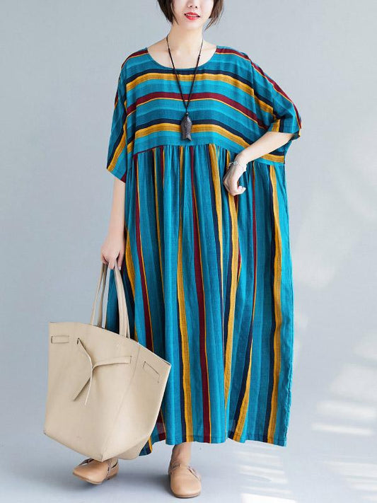 Loose Retro Striped Round-neck Long Dress