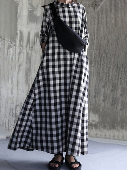 Artistic Retro Loose A-Line Plaid Stand Collar Long Sleeves Maxi Dress