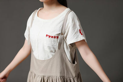 Beige Cotton Linen Loose Women Pleated Casual Dress