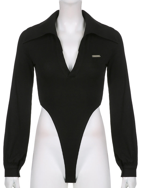 Solid Color Long Sleeves Letter Print Bodysuits