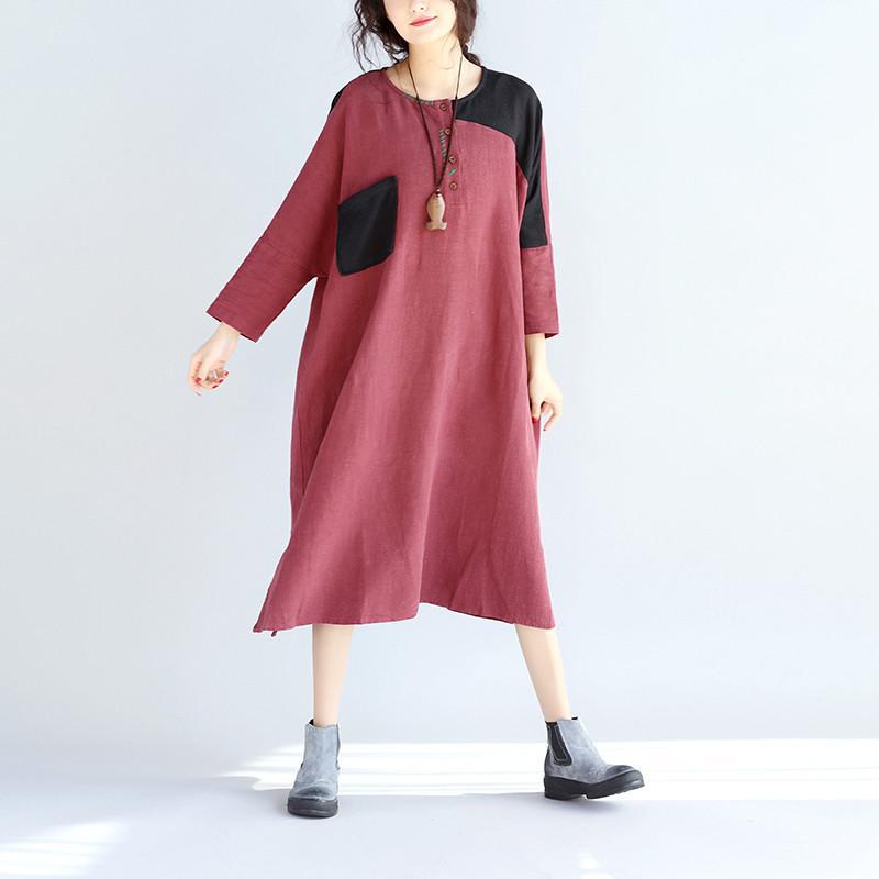 Casual Linen Women Split Spliced Red Dress