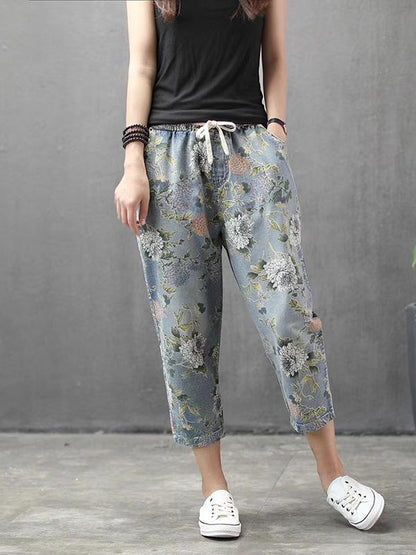 Vintage Summer Loose Printed Jean Pants Shorts